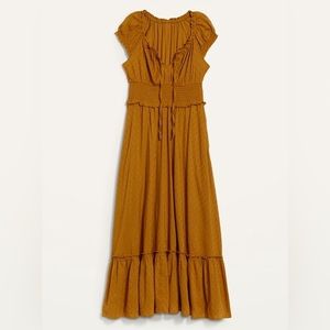 Waist-Defined Puff-Sleeve Clip-Dot Midi